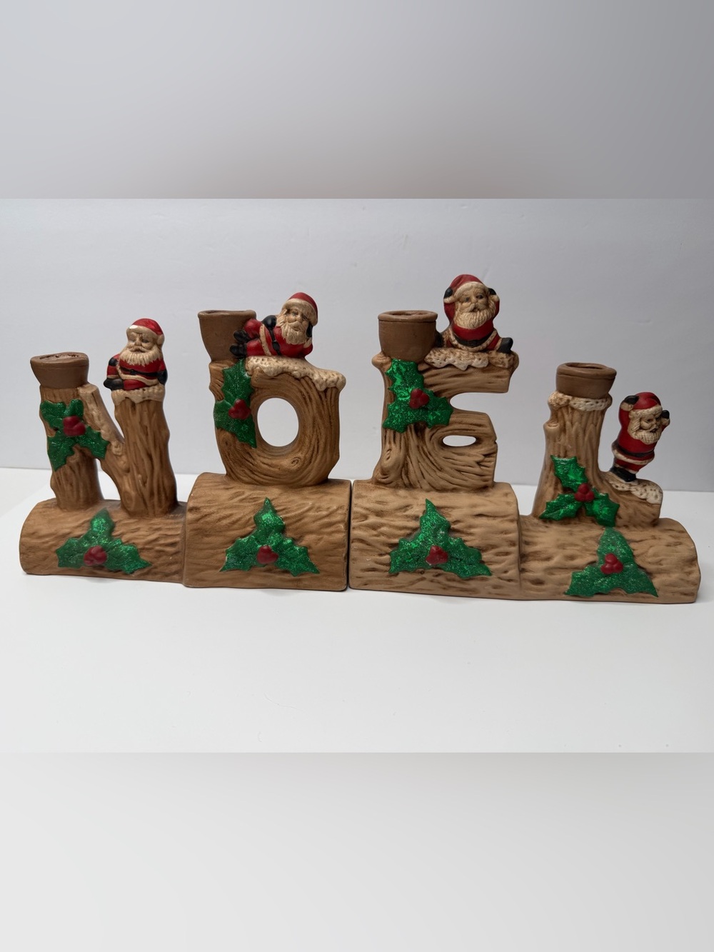 Vintage 70’s NOEL Ceramic Candle Holder Set Santa Christmas Decor Book Napkins